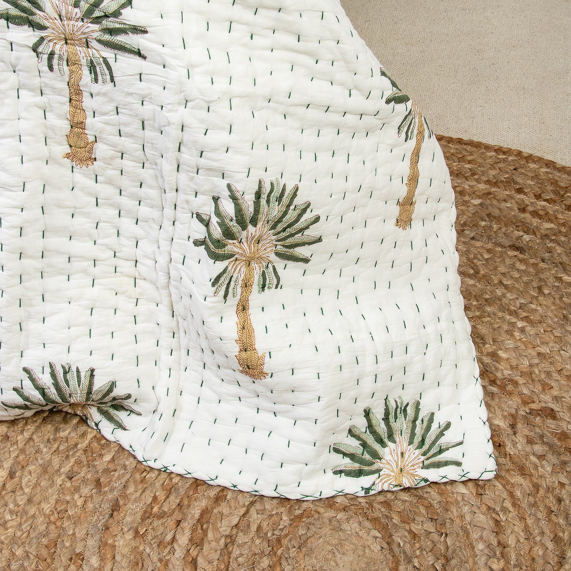 Palm Tree Print Jaipuri Block Print Kantha Quilt